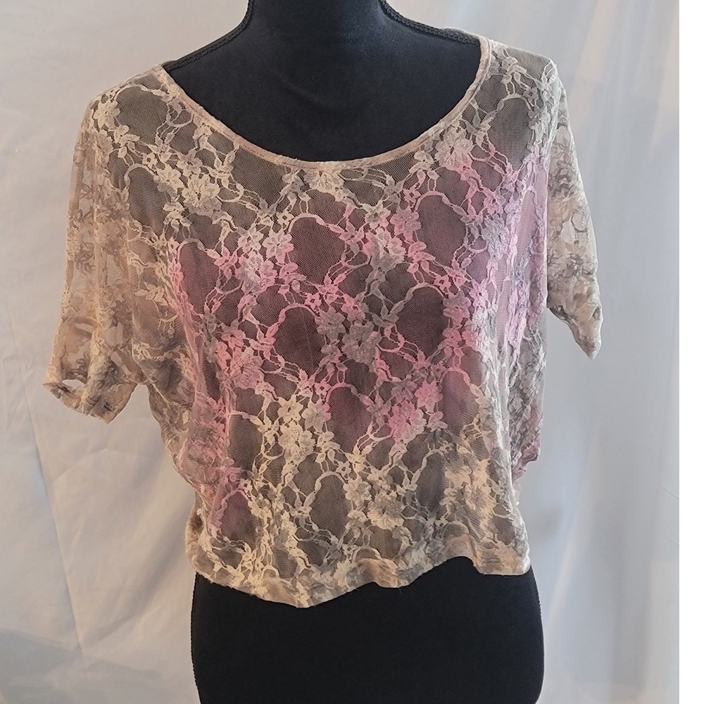 Daytrip Womens Sheer Floral Lace Crop Top Pink Grey Short Sleeve Dolman